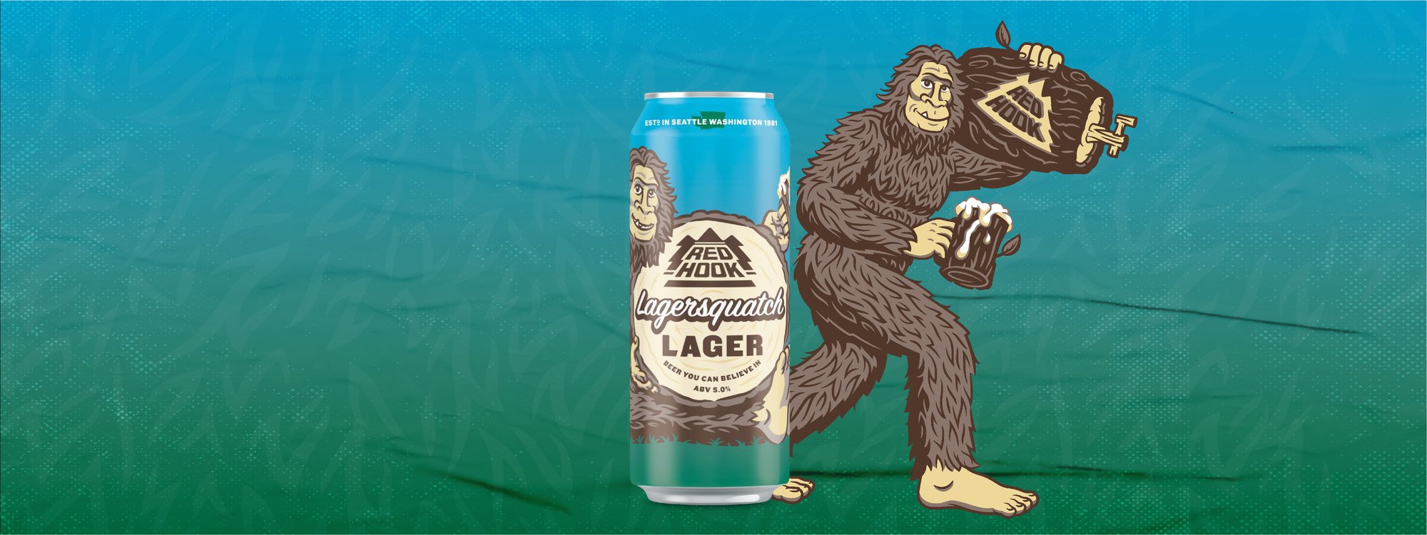 
Redhook Lagersquatch lager features a sasquatch carrying a beer barrel. 