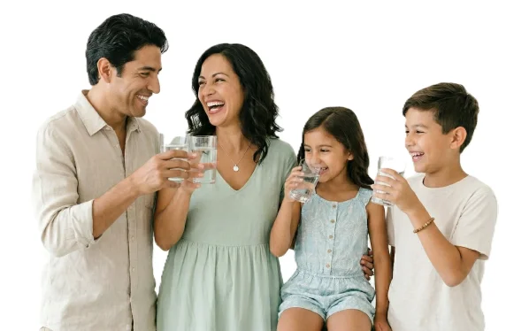 Familia usando agua purificada bebbia en su cocina