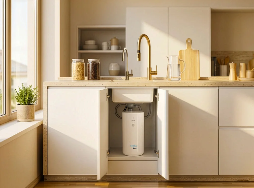Purificador de agua bebbia instalado bajo la tarja en cocina