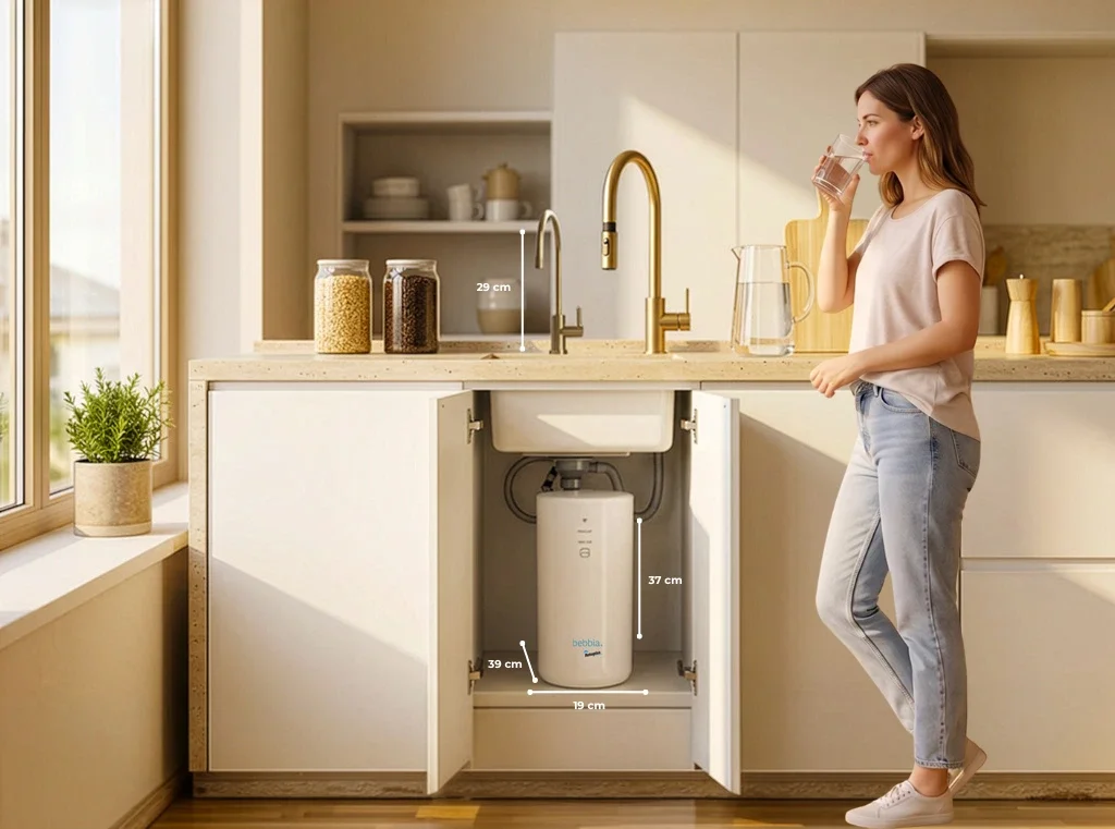 Grifo LED de acero inoxidable del purificador bebbia Smart llenando un vaso de agua en una cocina mexicana