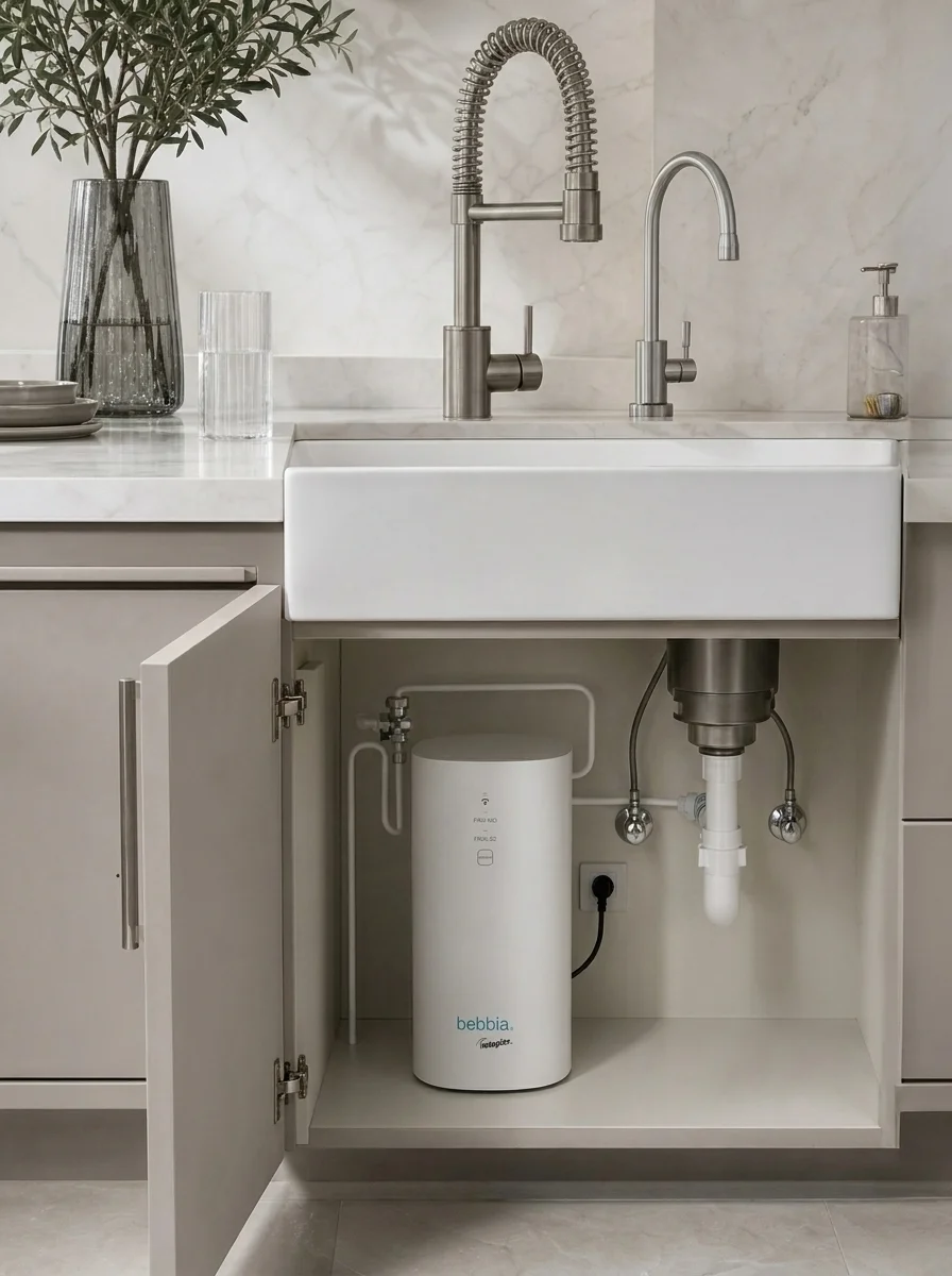 Purificador de agua bebbia instalado bajo la tarja en cocina