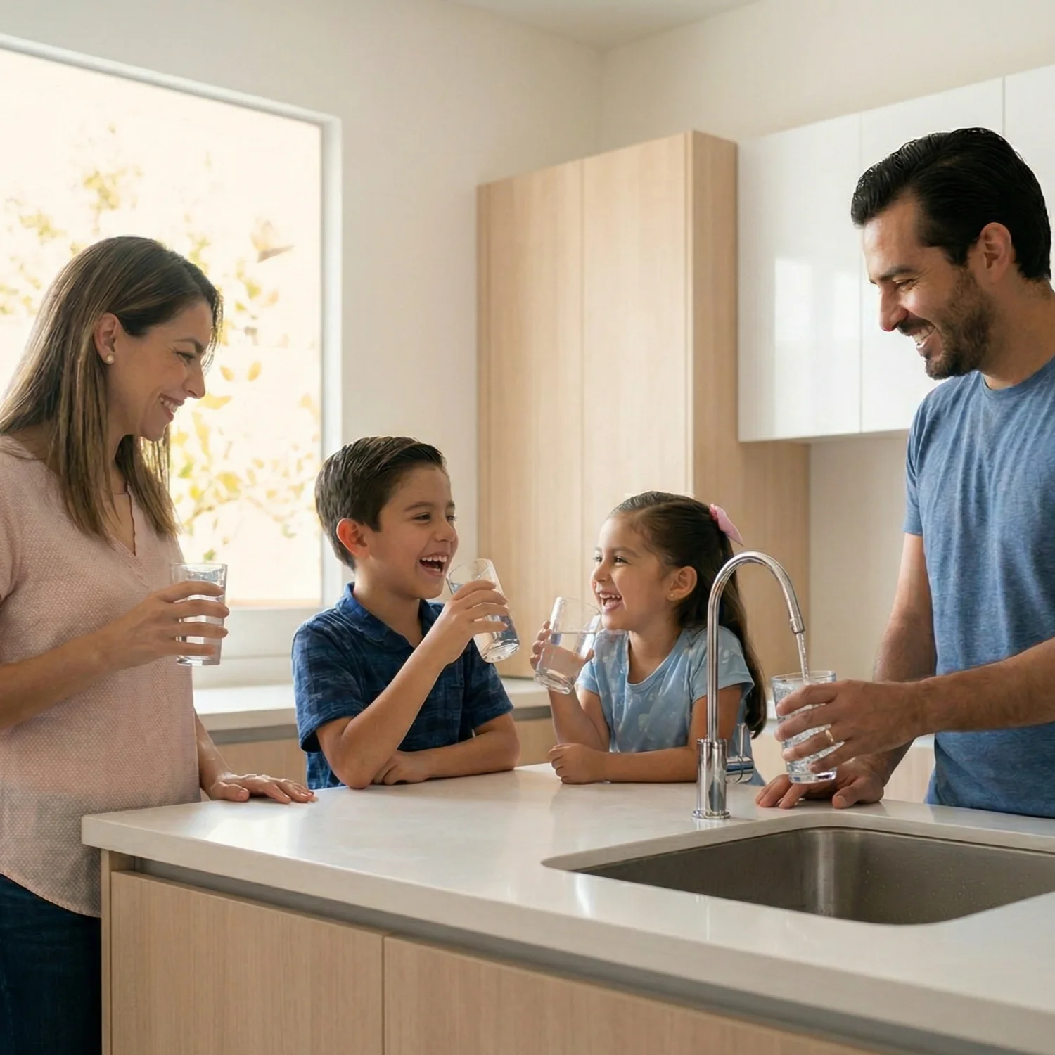 Familia bebiendo agua purificada bebbia en casa