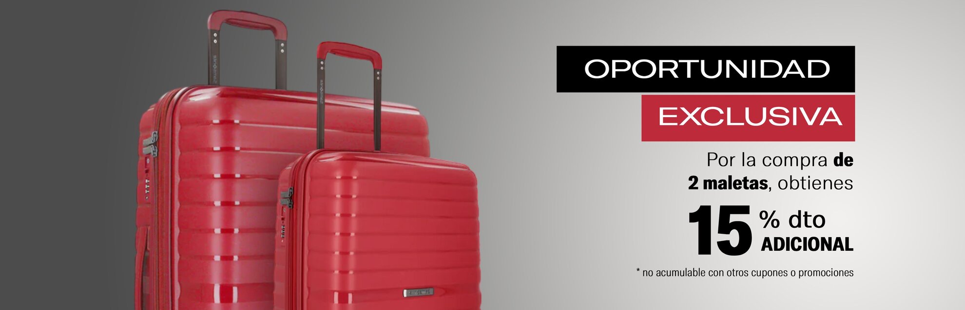 Banner horizontal de dos maletas Samsonite rojas con promoción de 15% de descuento por la compra de 2 unidades