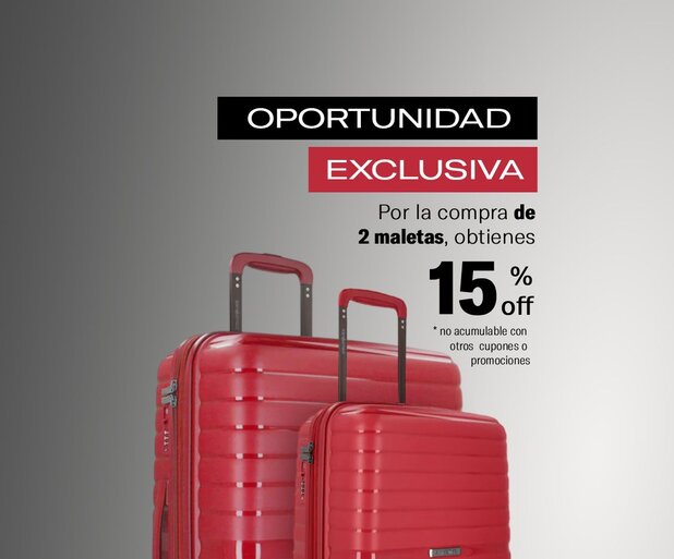 Dos maletas Samsonite rojas con promoción de 15% de descuento por la compra de 2 unidades