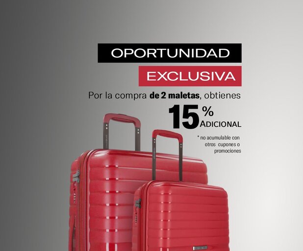 Dos maletas Samsonite rojas con promoción de 15% de descuento por la compra de 2 unidades