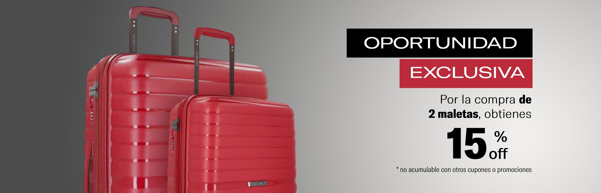 Banner horizontal de dos maletas Samsonite rojas con promoción de 15% de descuento por la compra de 2 unidades