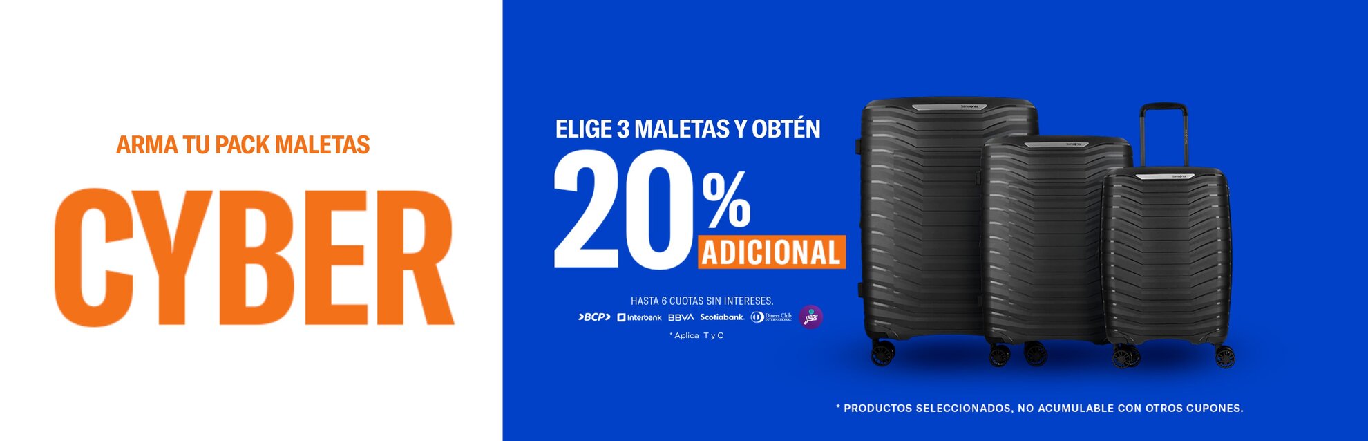 Banner horizontal de dos maletas Samsonite rojas con promoción de 15% de descuento por la compra de 2 unidades