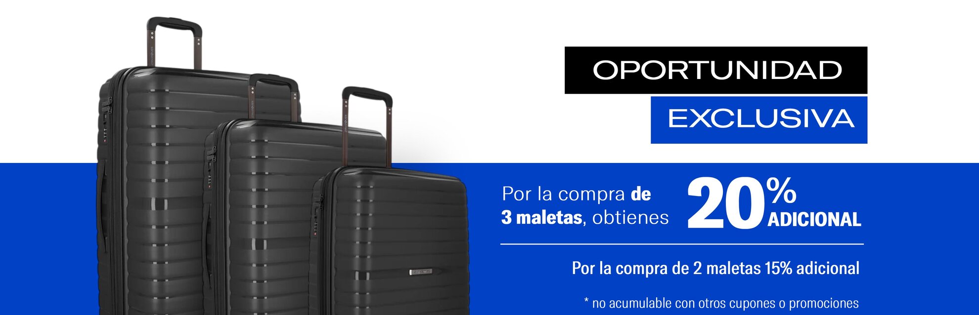 Banner horizontal de dos maletas Samsonite rojas con promoción de 15% de descuento por la compra de 2 unidades