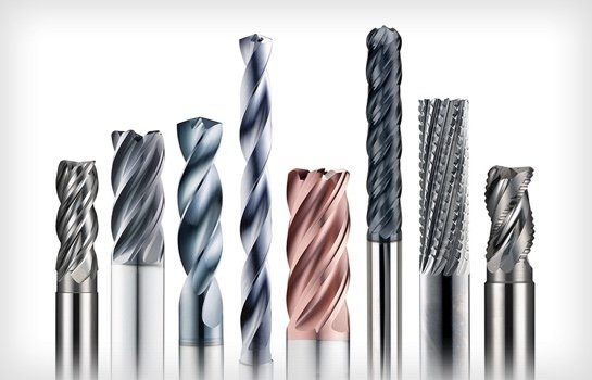 An assortment of high-performance and general-purpose end mills, drills, and routers. 
