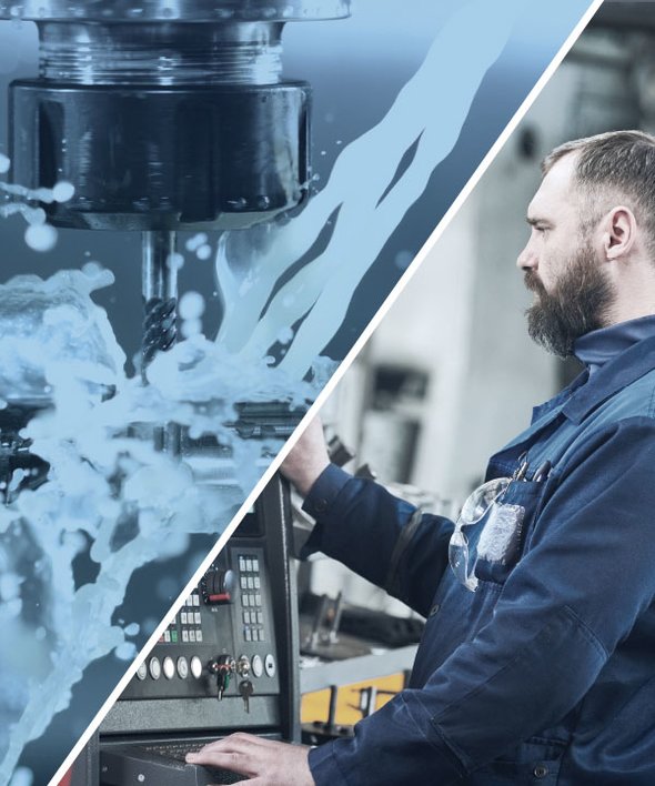 Machinist operating CNC machine while Machining with flood coolant and a high-performance end mill