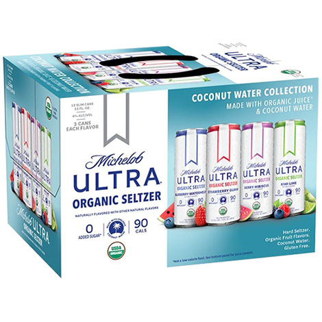 This is a can of Michelob Ultra Organic Seltzer Coconut Water Collection