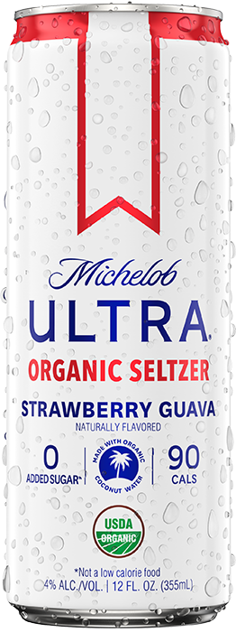 This is a can of Michelob Ultra Organic Seltzer Strawberry Guava