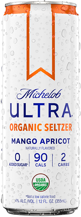 This is a can of Michelob Ultra Organic Seltzer Mango Apricot