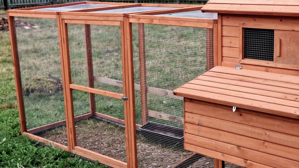 A smaller chicken coop with a smaller fenced-in run.