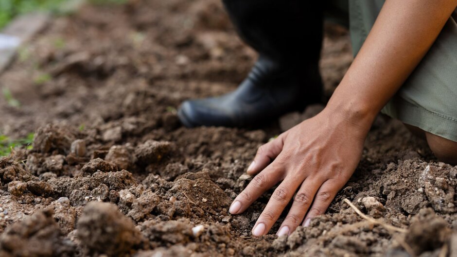 A person checks soil temperature to see if it's warm enough for planting.