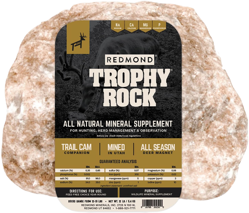 Redmond Trophy Rock supplement with 60+ deer minerals.