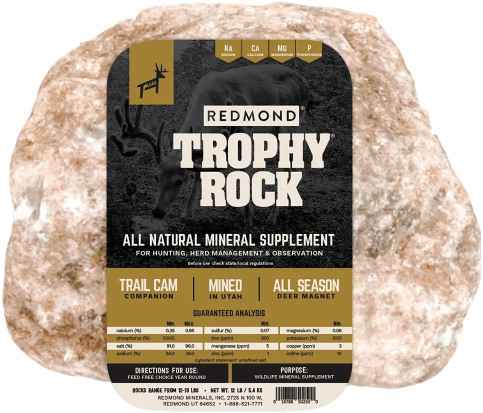 Redmond Trophy Rock supplement with 60+ deer minerals.