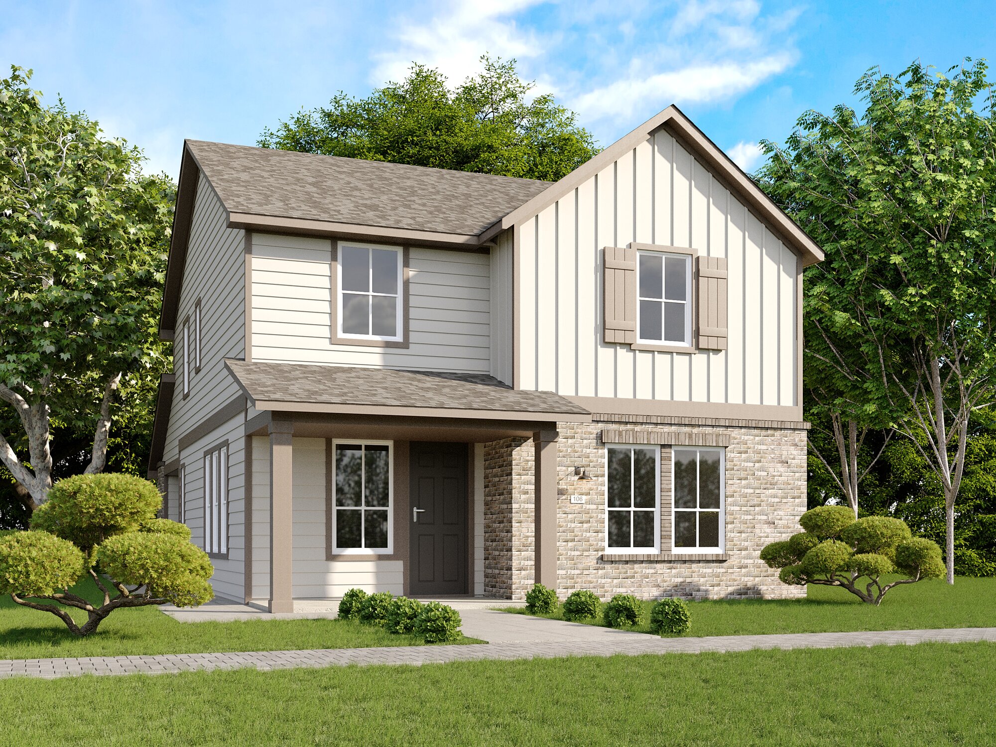 Exterior of a two-story modern suburban home with brick and siding exterior