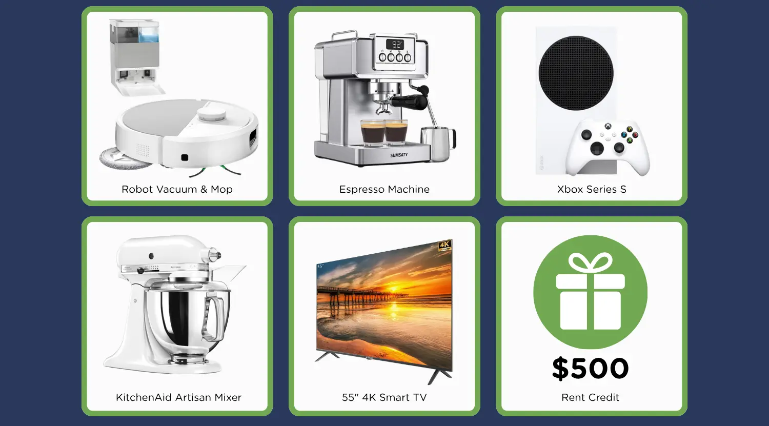 Move-in gift options: robot vacuum and mop, espresso machine, Xbox Series S, KitchenAid Artisan mixer, 55-inch 4K smart TV, or a $500 rent credit