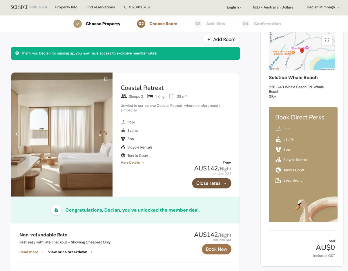 The Roomstay booking engine showing live rates and an unlocked member deal