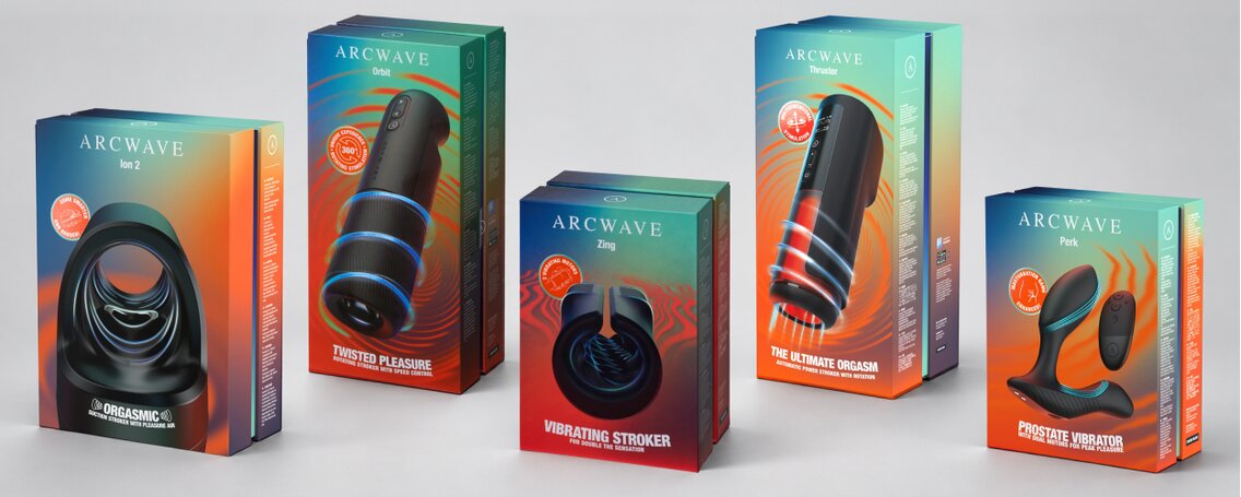 Fem Arcwave produkter i deres emballage