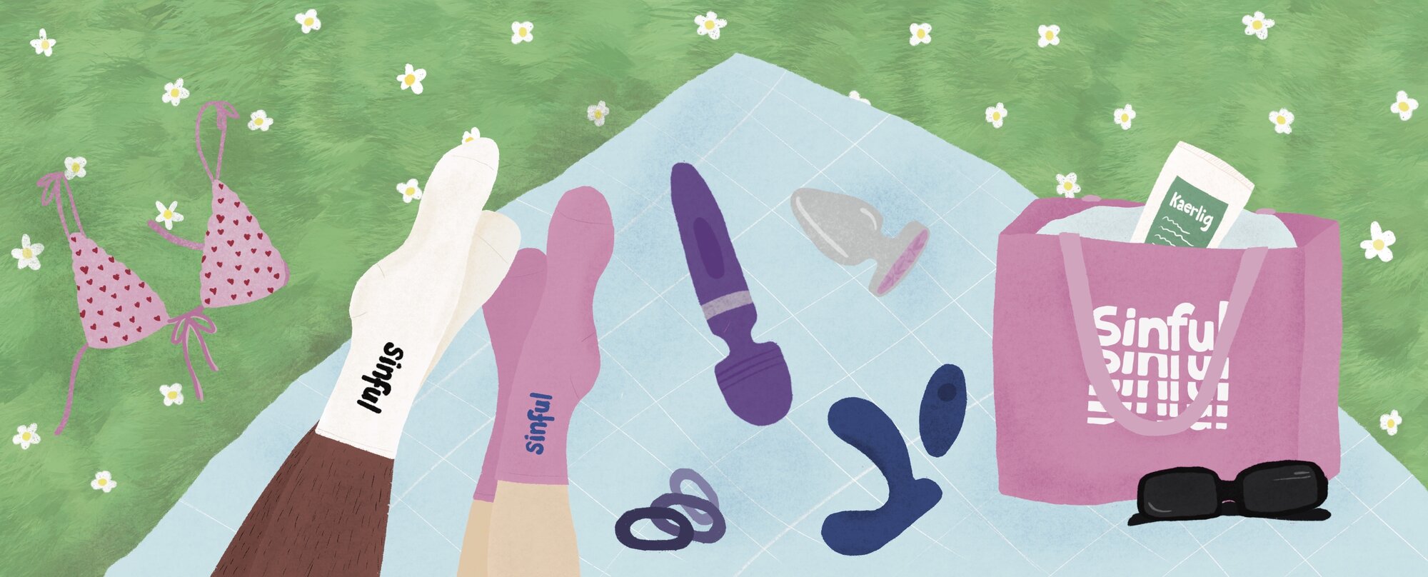En illustration af et tæppe på en græsplæne med sexlegetøj og to menneskers fødder ovenpå
