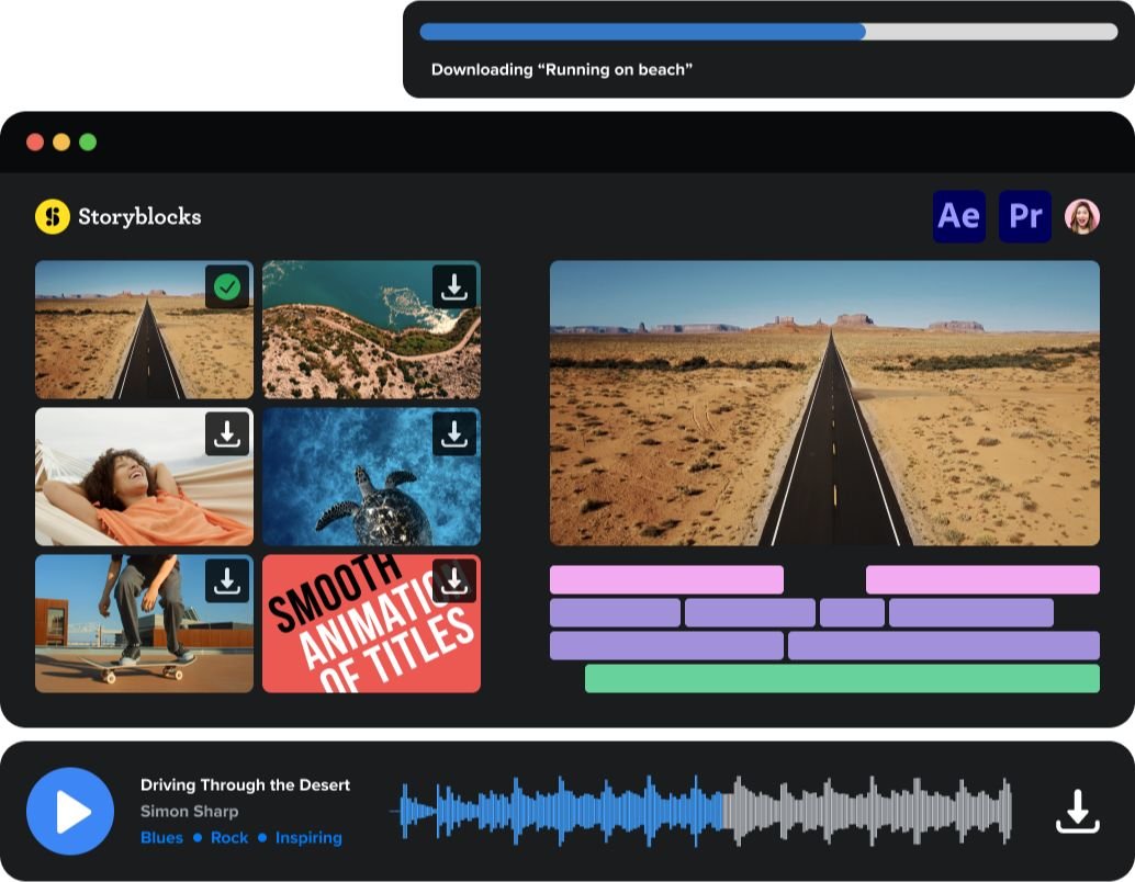 A cluster of four images. The first is a screenshot of the Storyblocks plugin within Premiere Pro. The second is the media type dropdown in the plugin. The third is an audio clip. The fourth at the top is the download progress bar.