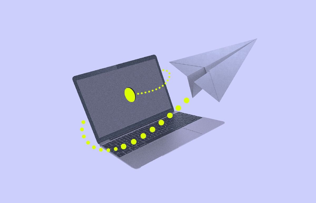  Collage image of a laptop with a paper airplane flying out of the screen following a bright yellow path indicating a forward journey, set against a purple background.