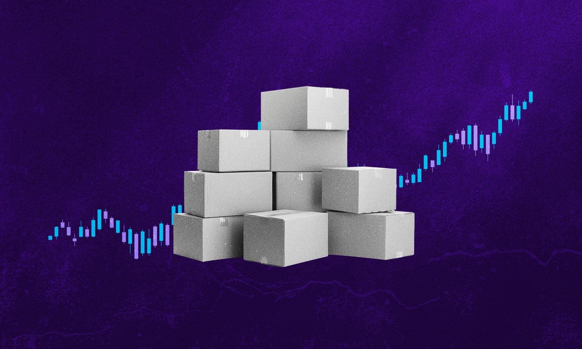 Stack of cardboard boxes in front of a rising stock chart on a dark purple background.