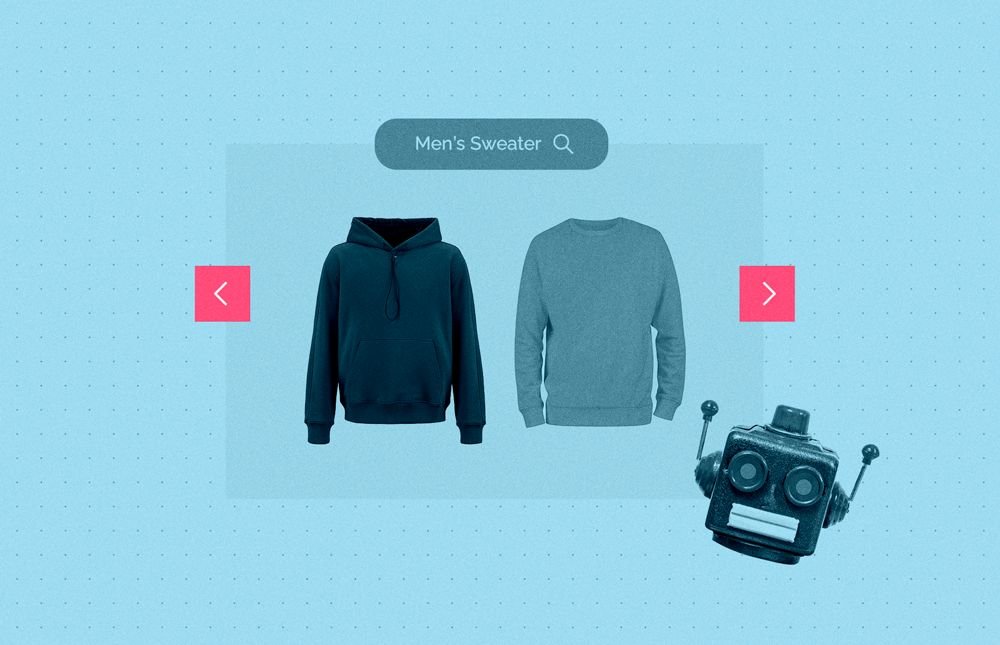 Black and white photos of two different sweatshirts under a search bar that reads “Men’s Sweater” with scroll tabs in bright pink on either side and a cut-out robot photo overlaid.