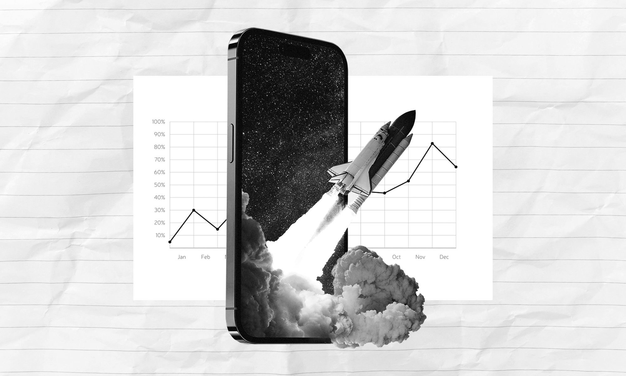 A smartphone with a photo of a rocket bursting from the screen in the foreground with an image of a graph in the background.