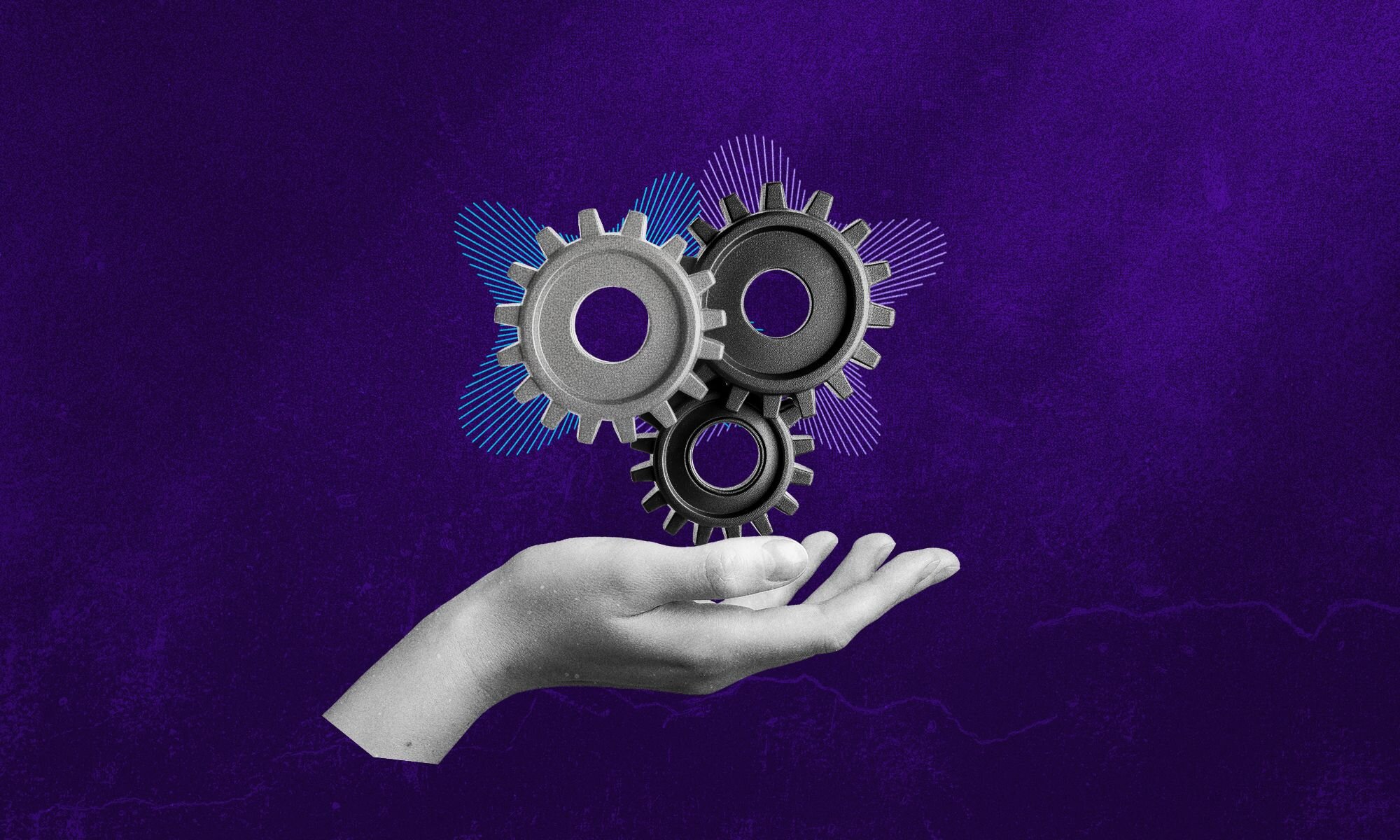 Hand holding floating gears with graphic lines on a purple background.