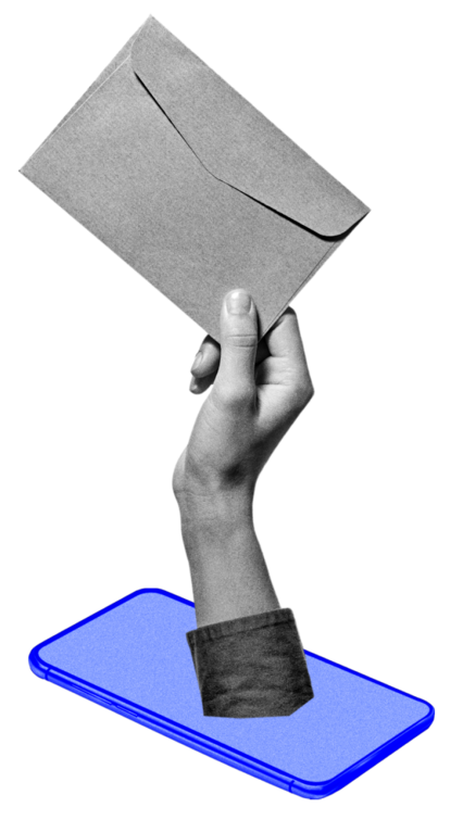 A forearm and hand coming out of a purple phone screen. The hand is holding a traditional envelope to indicate mail.