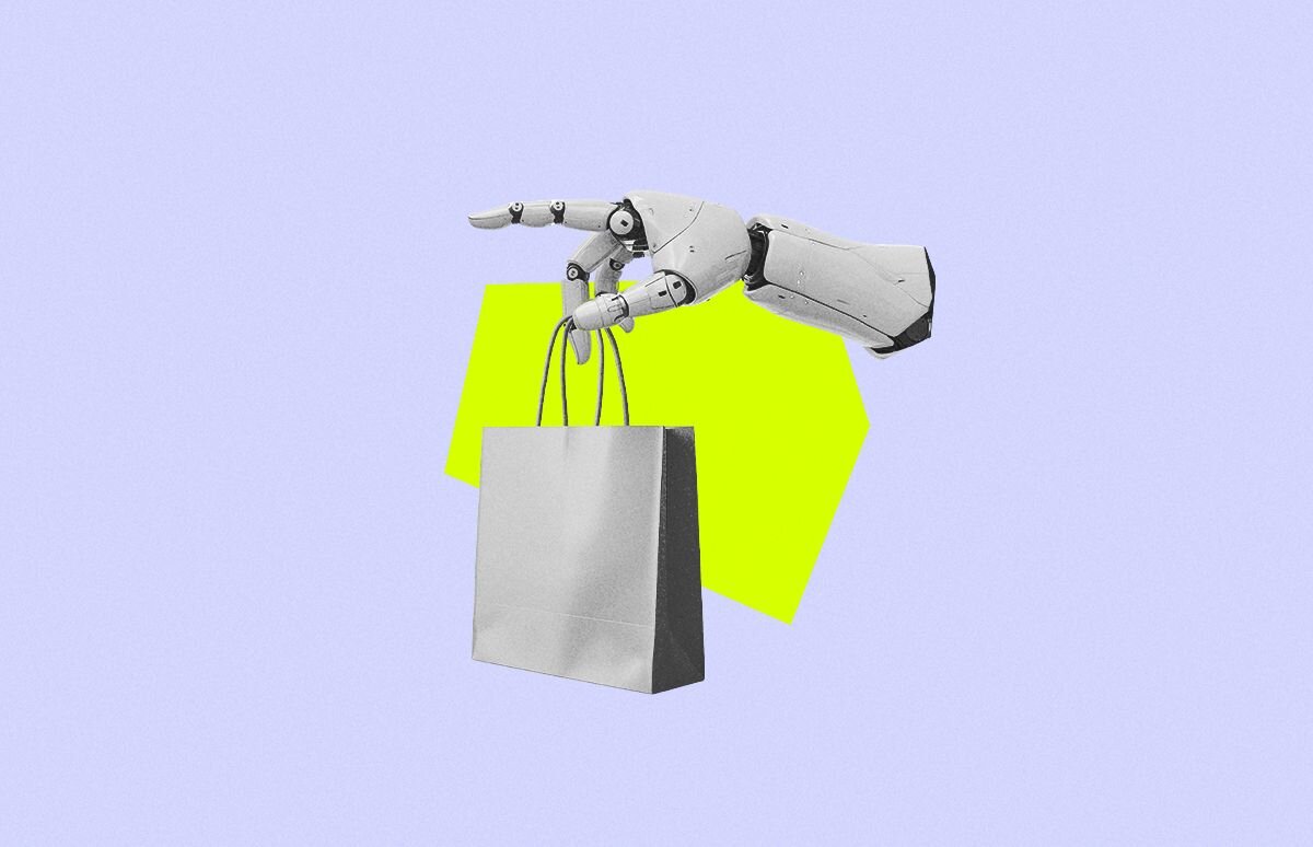  A cut-out image of a robot arm holding a shopping bag.