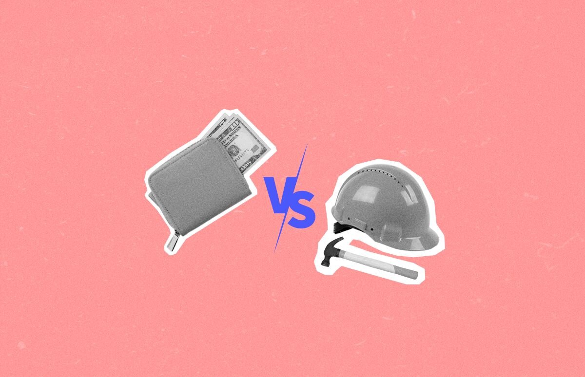 A wallet with money on one half, and a hard hat and hammer on the other, separated by a versus symbol in the middle.