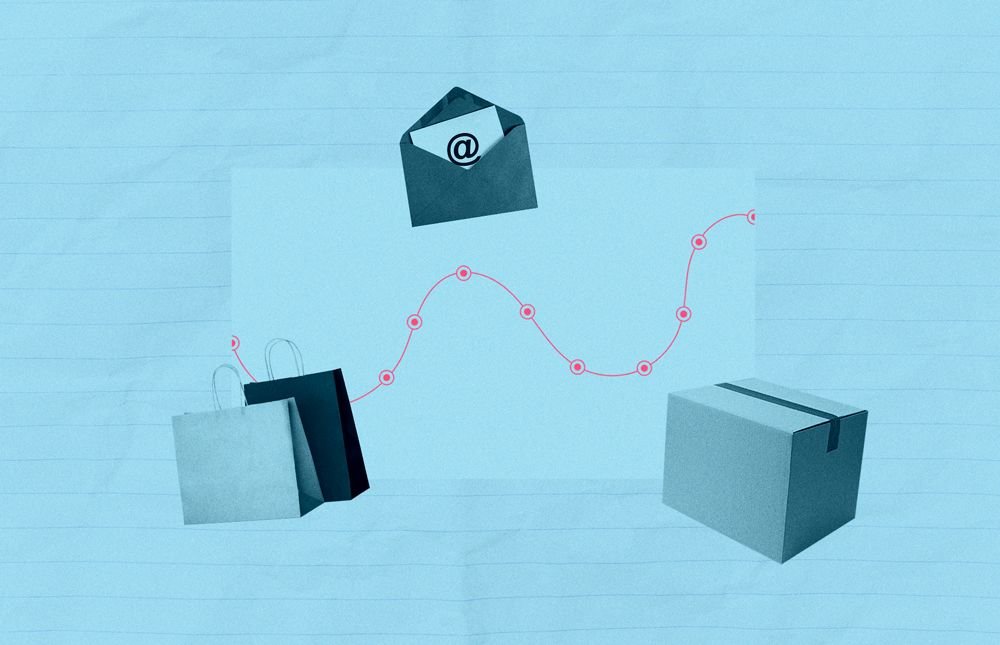 Black and white cut out images of a shopping bag, an email, and a cardboard box plotted along a dotted line, set against a blue background with red highlights.