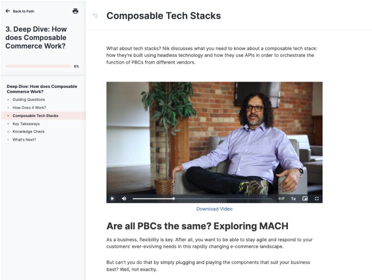 Screenshot of the Composable Tech Stacks chapter displaying a video with composable commerce expert, Nik Shenoy.