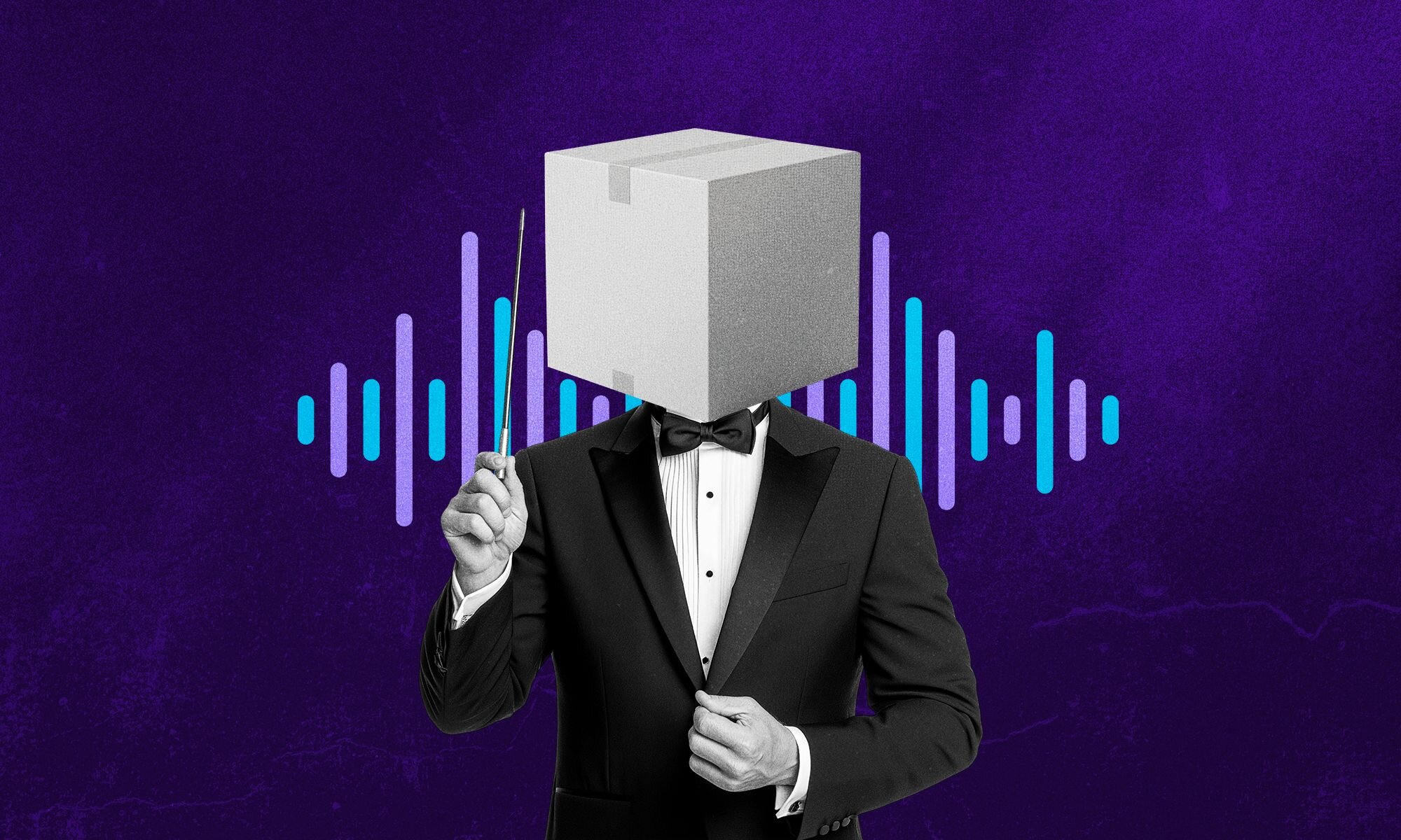 Man in tuxedo with a cardboard box for a head conducting in front of stylized data bars.