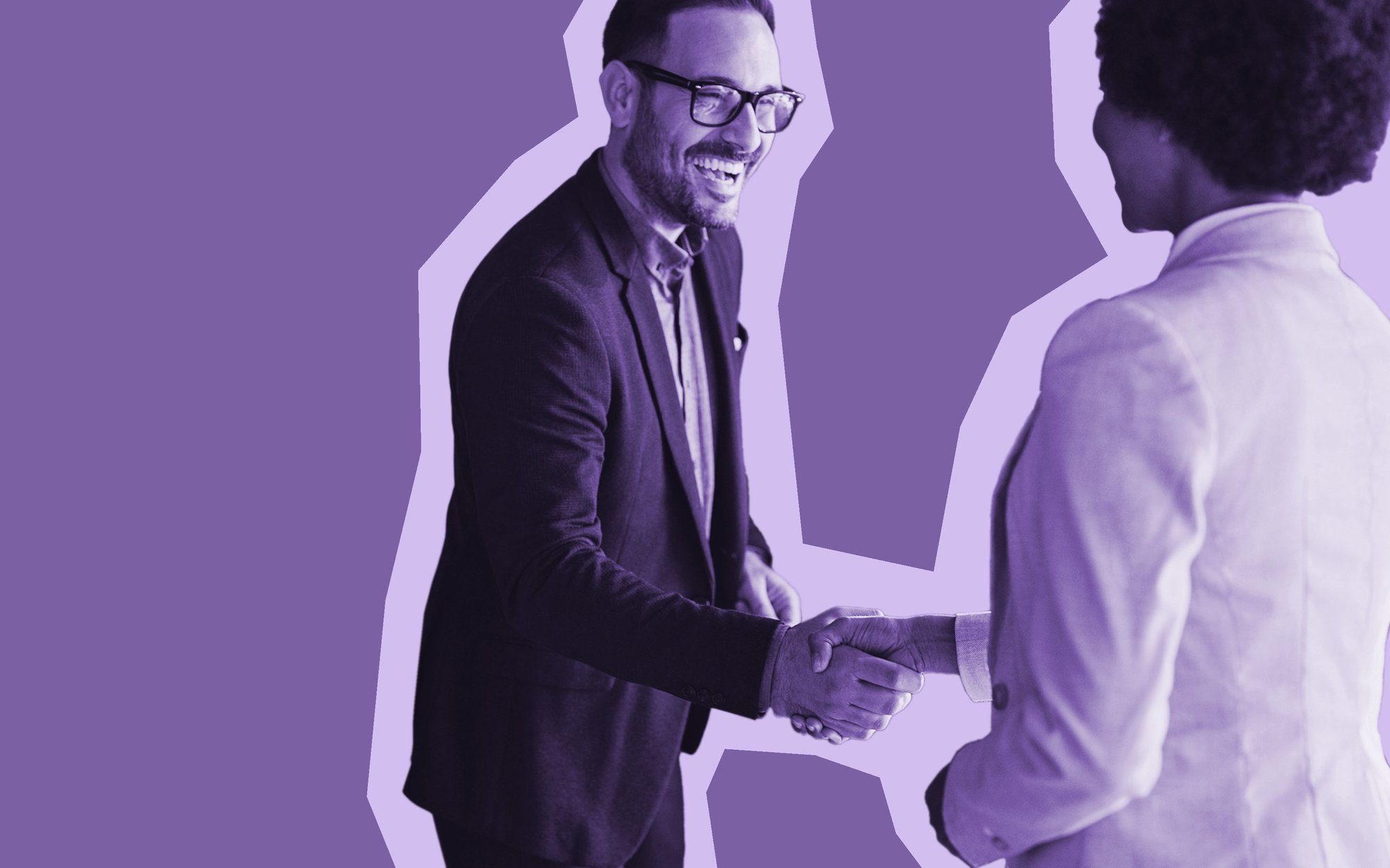 Black and white photo cut-out of a man and a woman shaking hands against a purple background