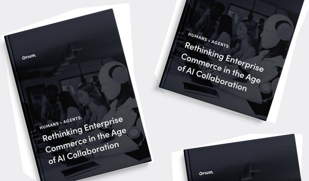 A flatlay with the Rethinking Enterprise Commerce in the Age of AI Collaboration eBook cover repeated.
