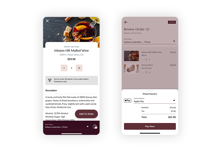 Image of two mobile phone screens side-by-side. The first screen shows a product display page for a wine related product with accompanying description and "add to order button". The second screen displays a checkout screen summarizing two purchases with an Apple Pay overlay. 