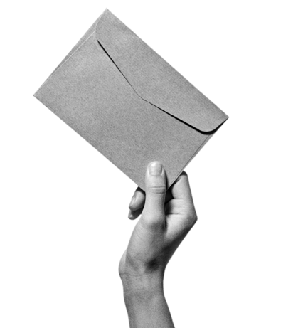 A forearm and hand coming out of a purple phone screen. The hand is holding a traditional envelope to indicate mail.