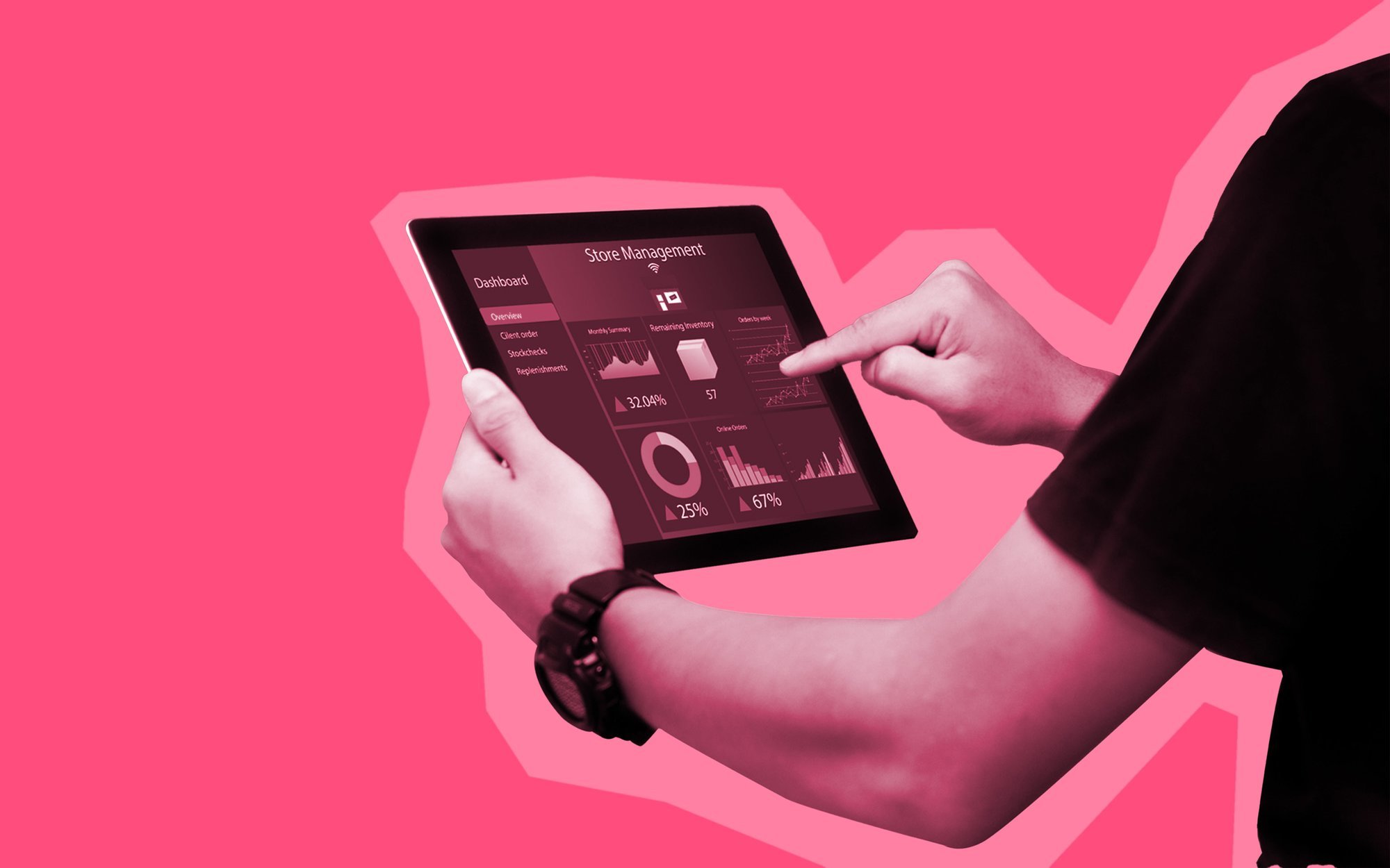 Close-up black and white photo of a person using a tablet set against a hot pink background.
