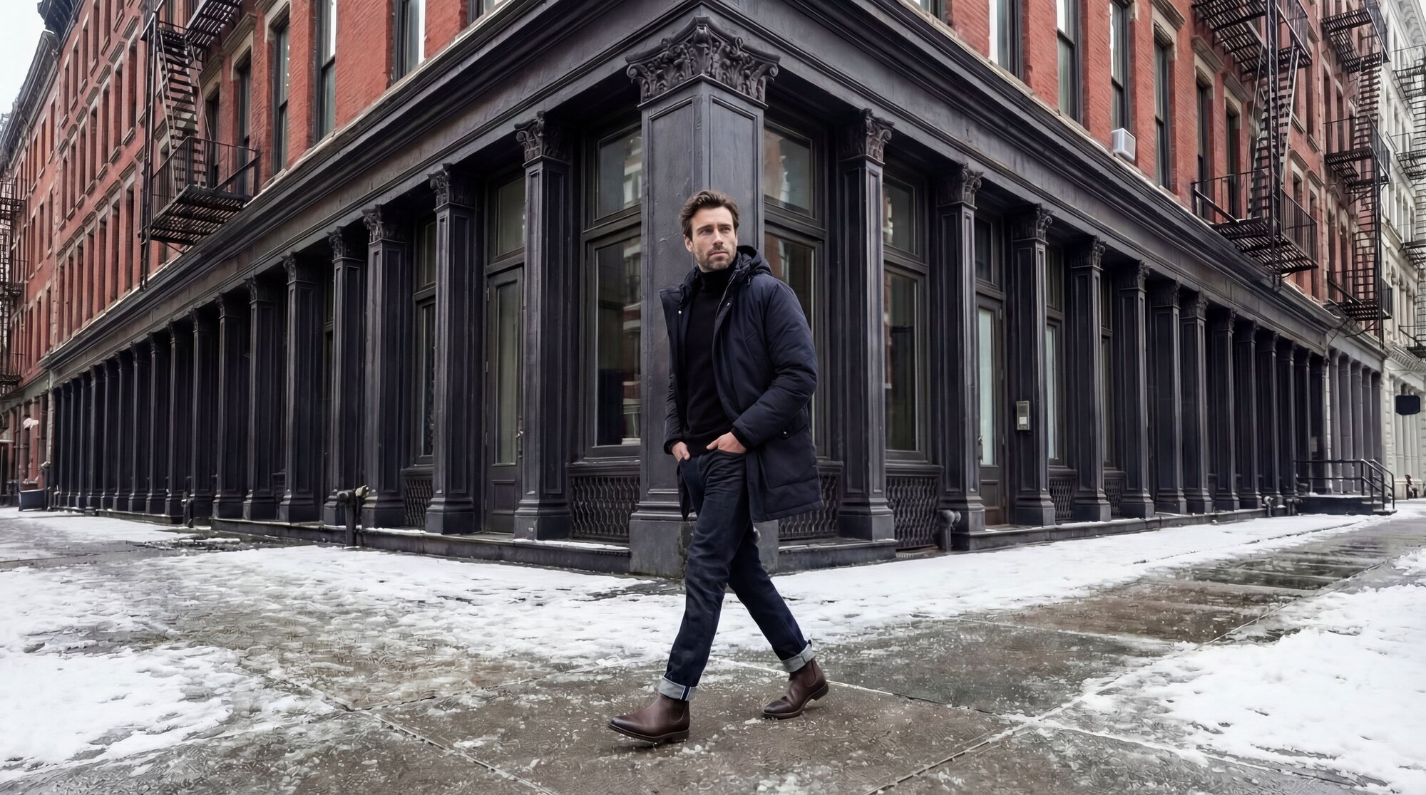 A man walking in a snow-covered sidewalk wearing a navy parka and waxed chelsea boots