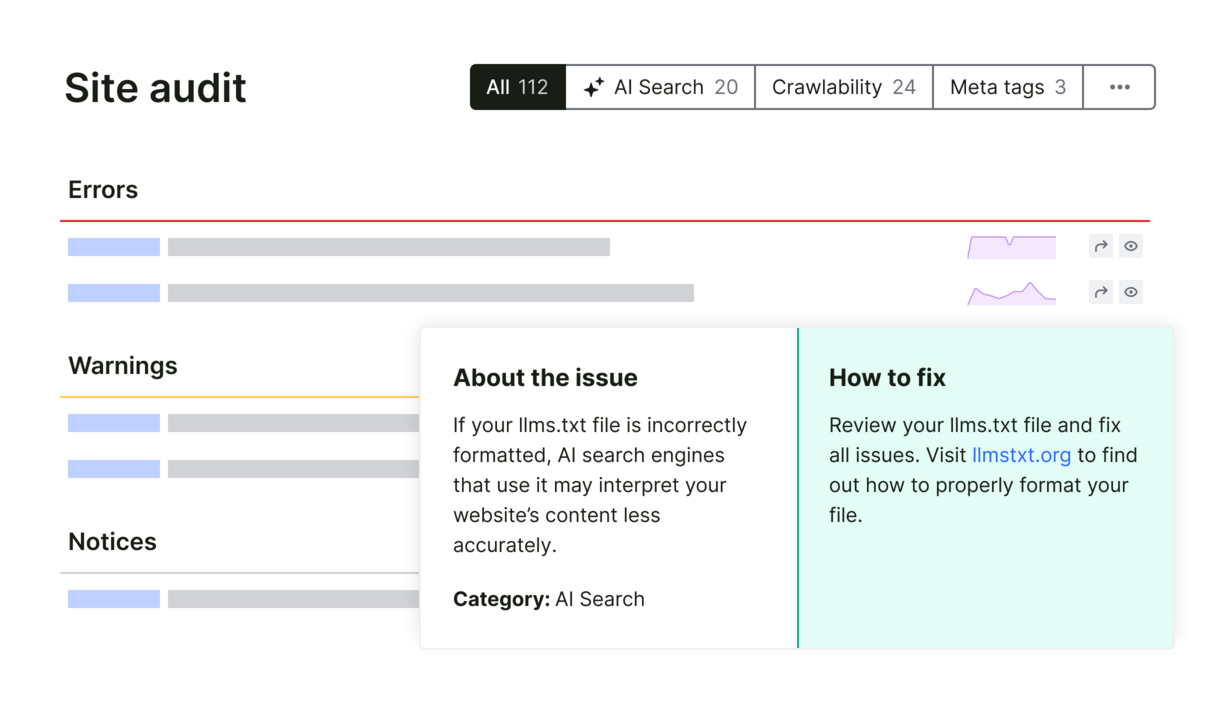 Site audit all issues errors warnings notices about the issue big UI