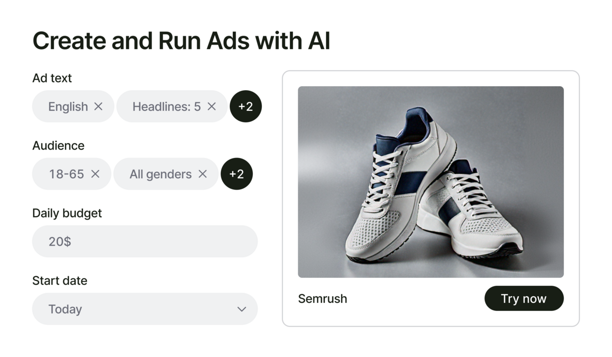 Create and run ads with AI sneakers big UI