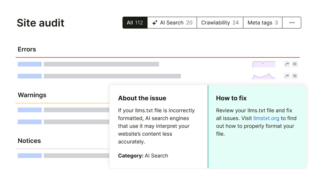 Site audit all issues errors warnings notices about the issue big UI