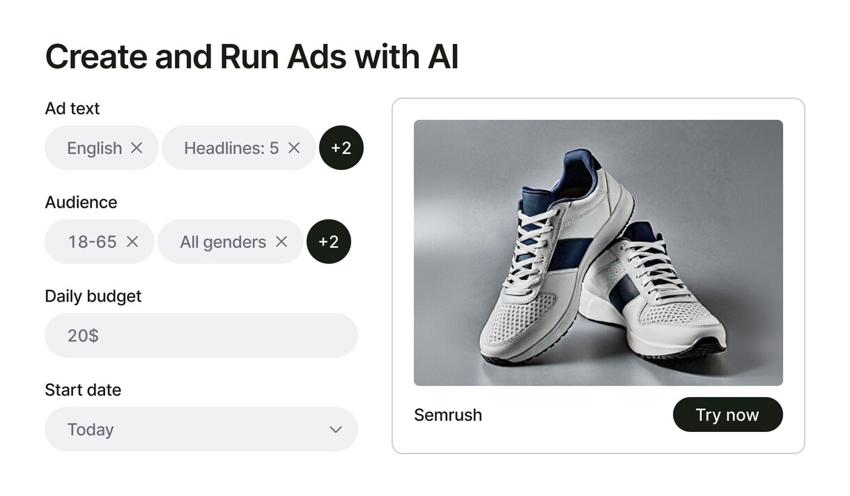 Create and run ads with AI sneakers big UI