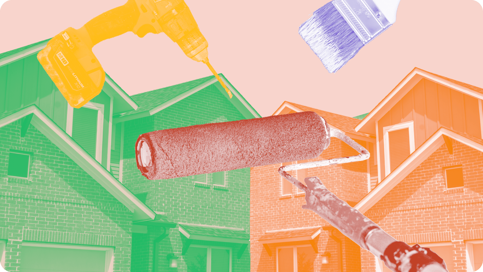 "Image of colored homes with paint brush, roller, and drill