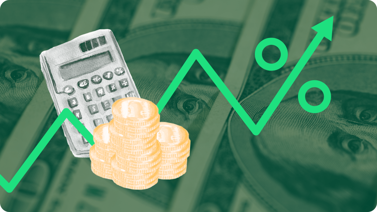 "Image of coins, cash, and bar chart arrow trending upwards.